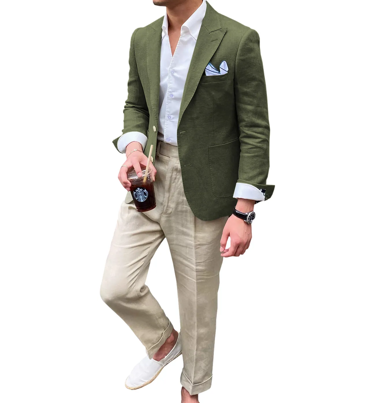 Casual Men's 2 Pieces Mens Blazer Peak Lapel Linen For Wedding