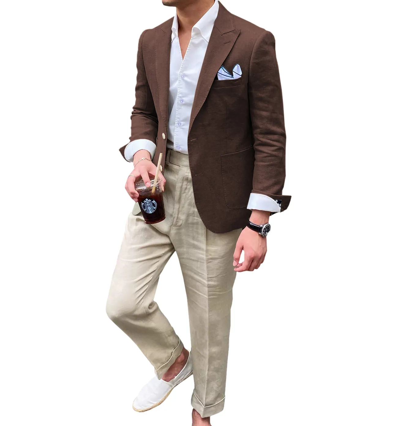 Casual Men's 2 Pieces Mens Blazer Peak Lapel Linen For Wedding