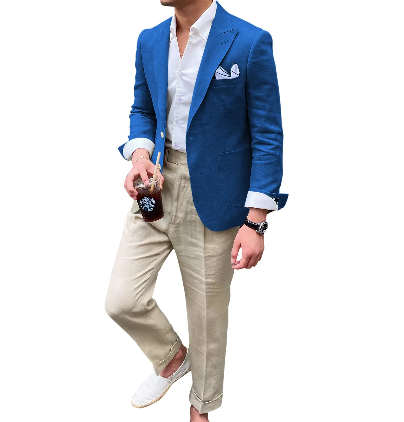 Casual Men's 2 Pieces Mens Blazer Peak Lapel Linen For Wedding