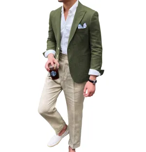 Casual Men's 2 Pieces Mens Blazer Peak Lapel Linen For Wedding