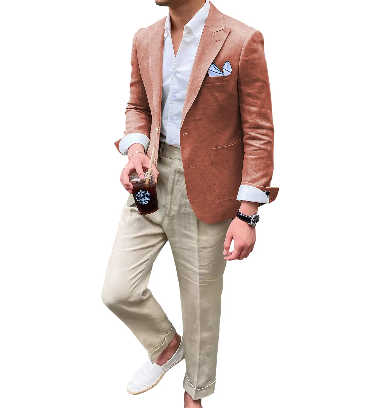 Casual Men's 2 Pieces Mens Blazer Peak Lapel Linen For Wedding