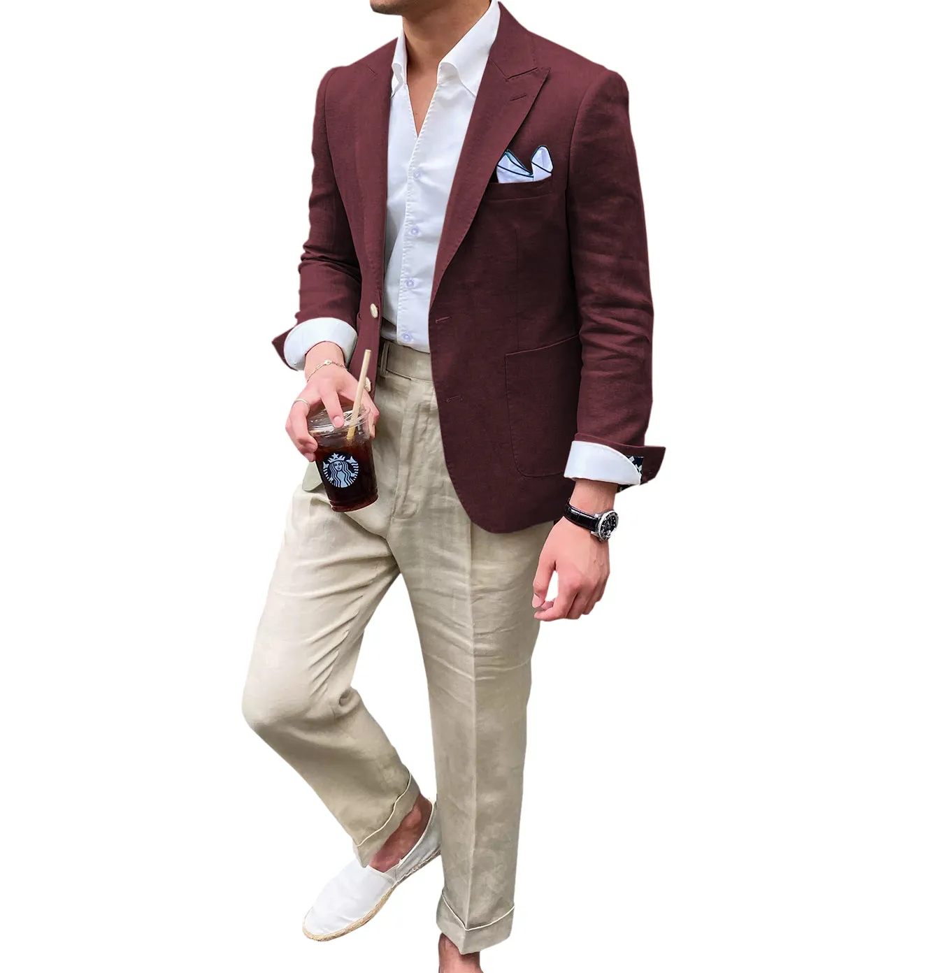 Casual Men's 2 Pieces Mens Blazer Peak Lapel Linen For Wedding