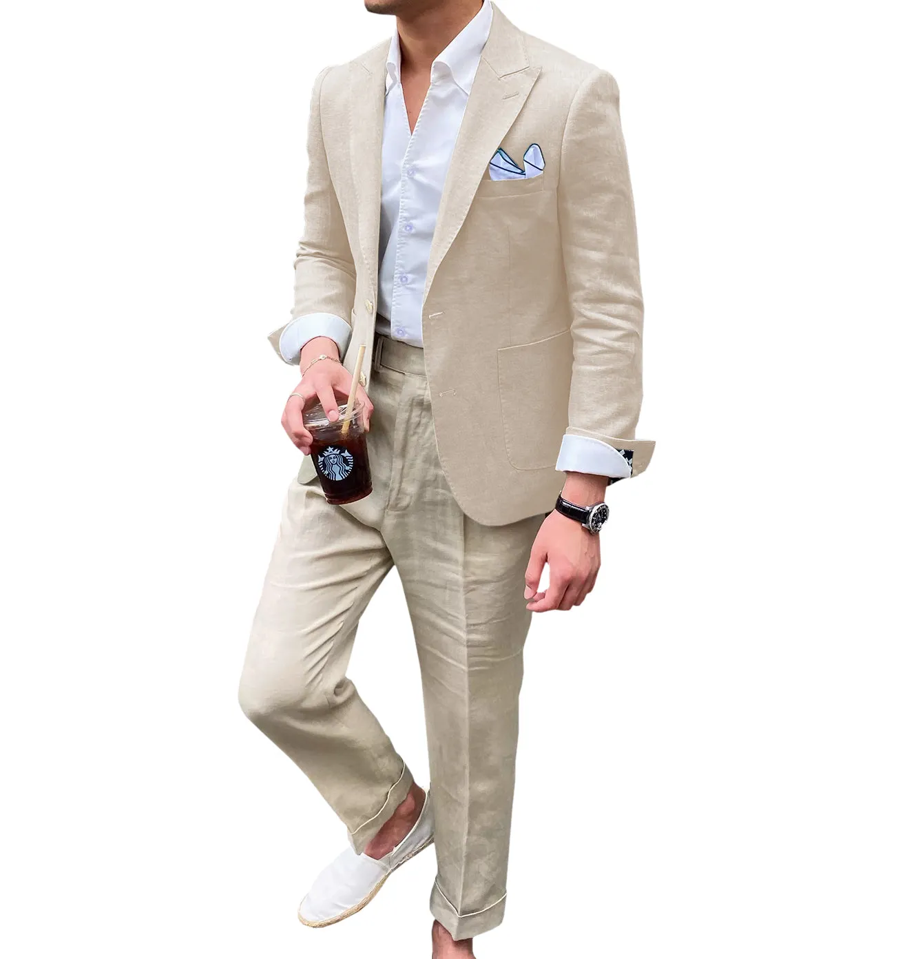 Casual Men's 2 Pieces Mens Blazer Peak Lapel Linen For Wedding