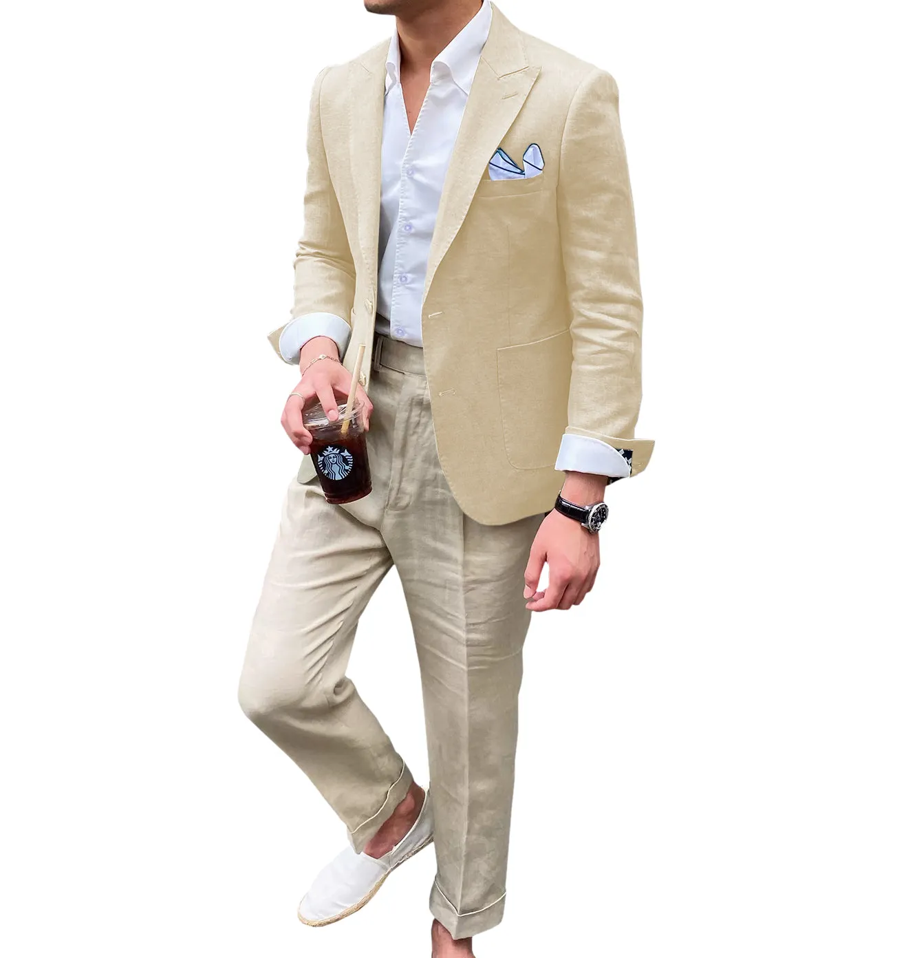 Casual Men's 2 Pieces Mens Blazer Peak Lapel Linen For Wedding