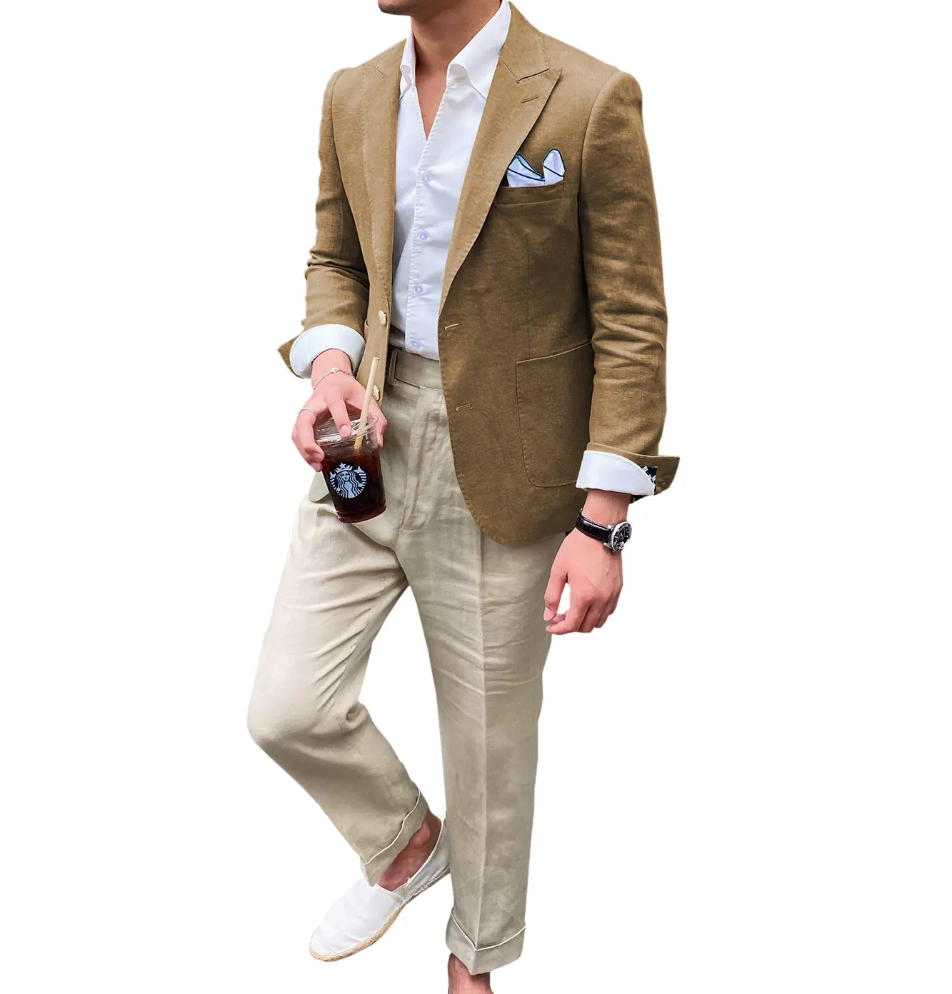 Casual Men's 2 Pieces Mens Blazer Peak Lapel Linen For Wedding