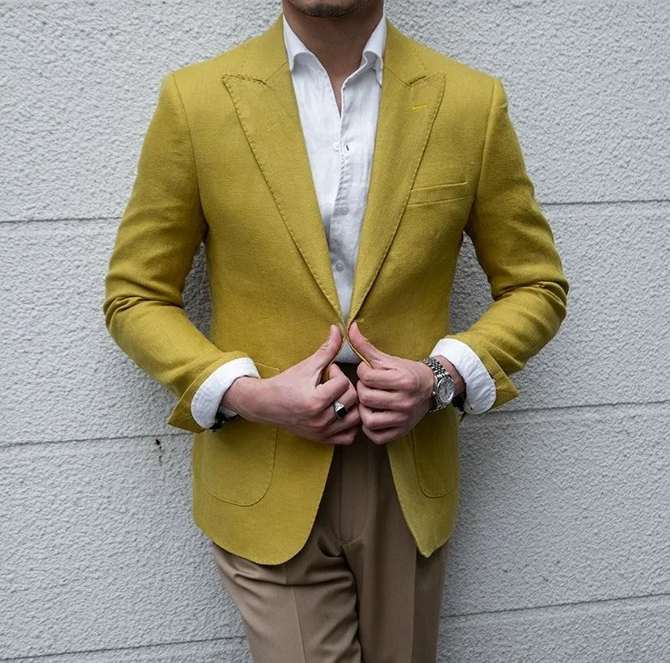 Casual Men's 2 Pieces Mens Blazer Peak Lapel Linen For Wedding