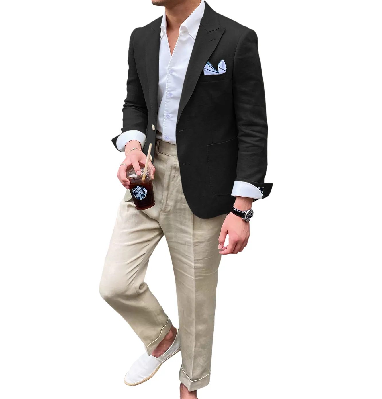 Casual Men's 2 Pieces Mens Blazer Peak Lapel Linen For Wedding